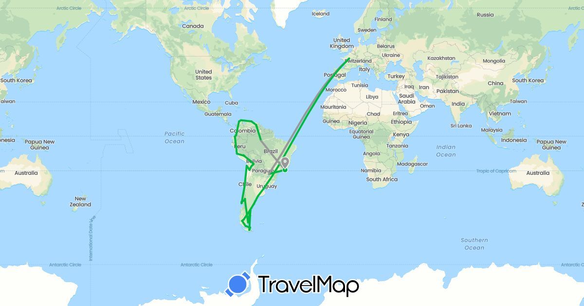 TravelMap itinerary: bus, plane in Argentina, Bolivia, Brazil, Chile, Colombia, Ecuador, France, Peru, Venezuela (Europe, South America)